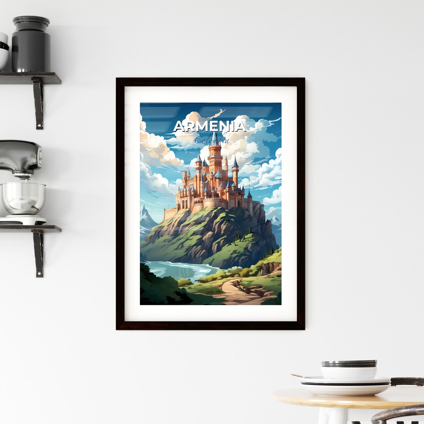 Vibrant Armenia Colombia Skyline Painting of a Castle on a Mountain With Art Focus Default Title