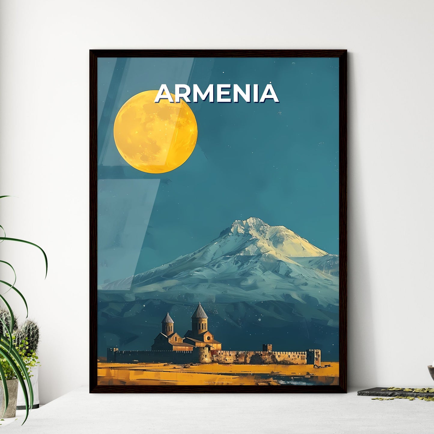 Vibrant Contemporary Painting of Moonlit Mountain Landscape in Armenia, Europe