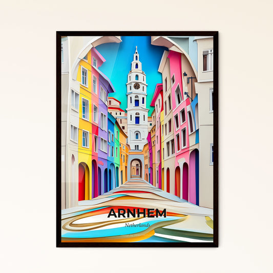 Vivid Arnhem, Netherlands - a colorful street with a clock tower in the background