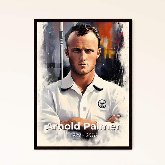 Portrait of Arnold Palmer, 1929 - 2016. Impressionistic painting of a man with his arms crossed.