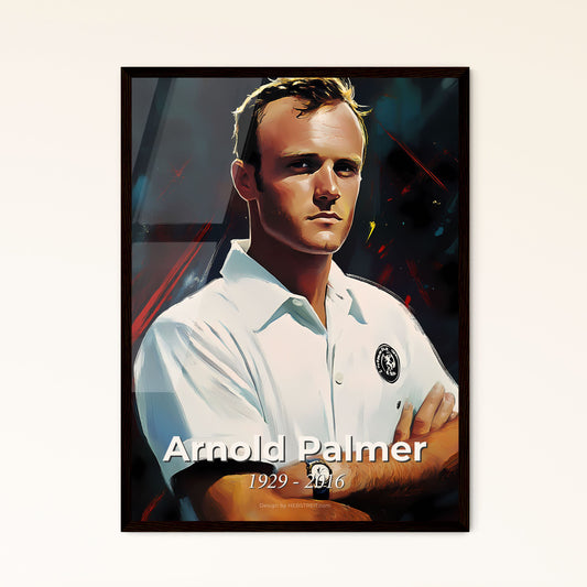 Portrait of Arnold Palmer, 1929 - 2016. Impressionistic painting of a man with his arms crossed.