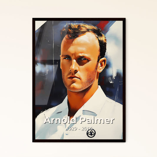 Portrait of Arnold Palmer, 1929 - 2016. Impressionistic painting of a man in a white shirt.