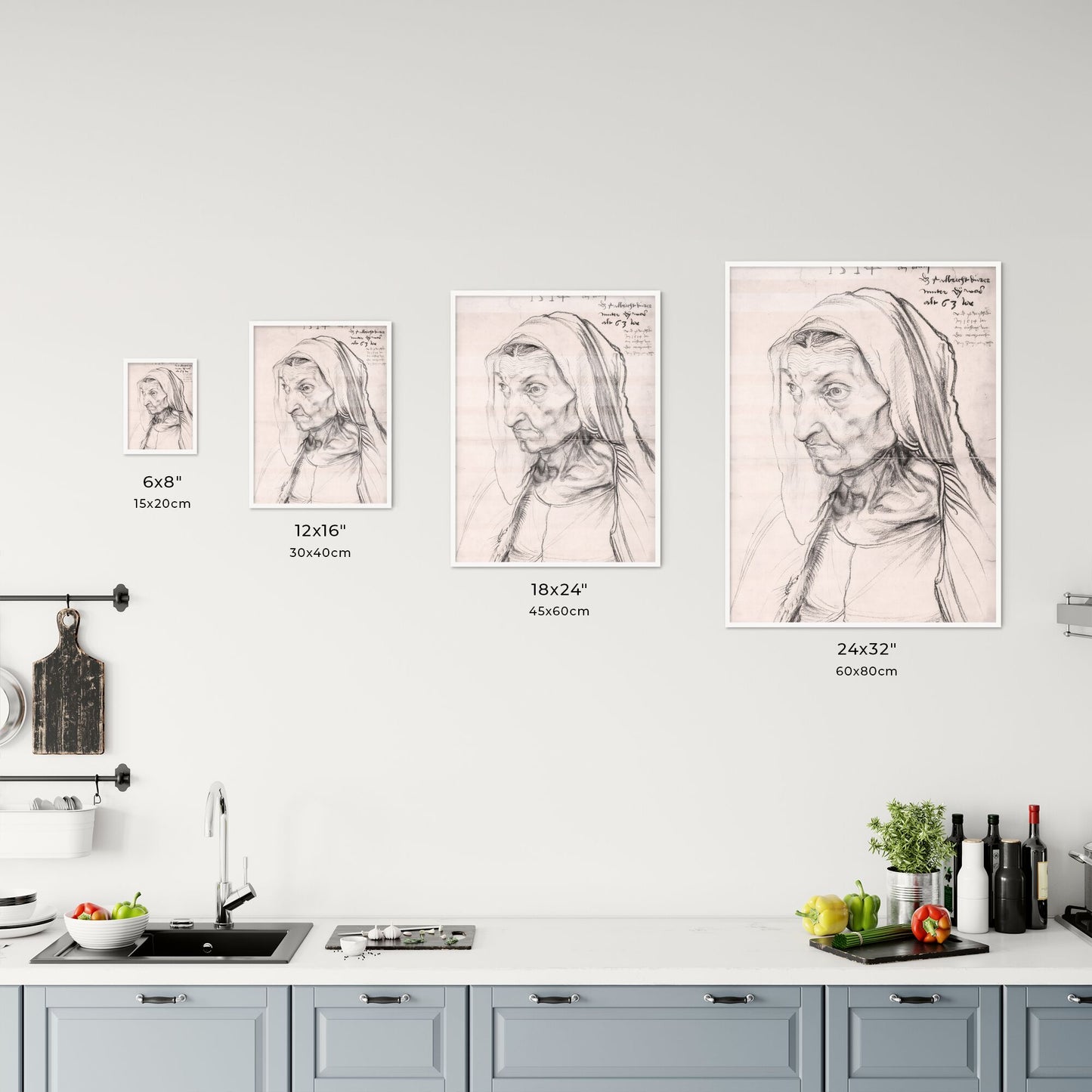 Portrait of an Old Woman in a Veil by Albrecht Dürer Size Chart