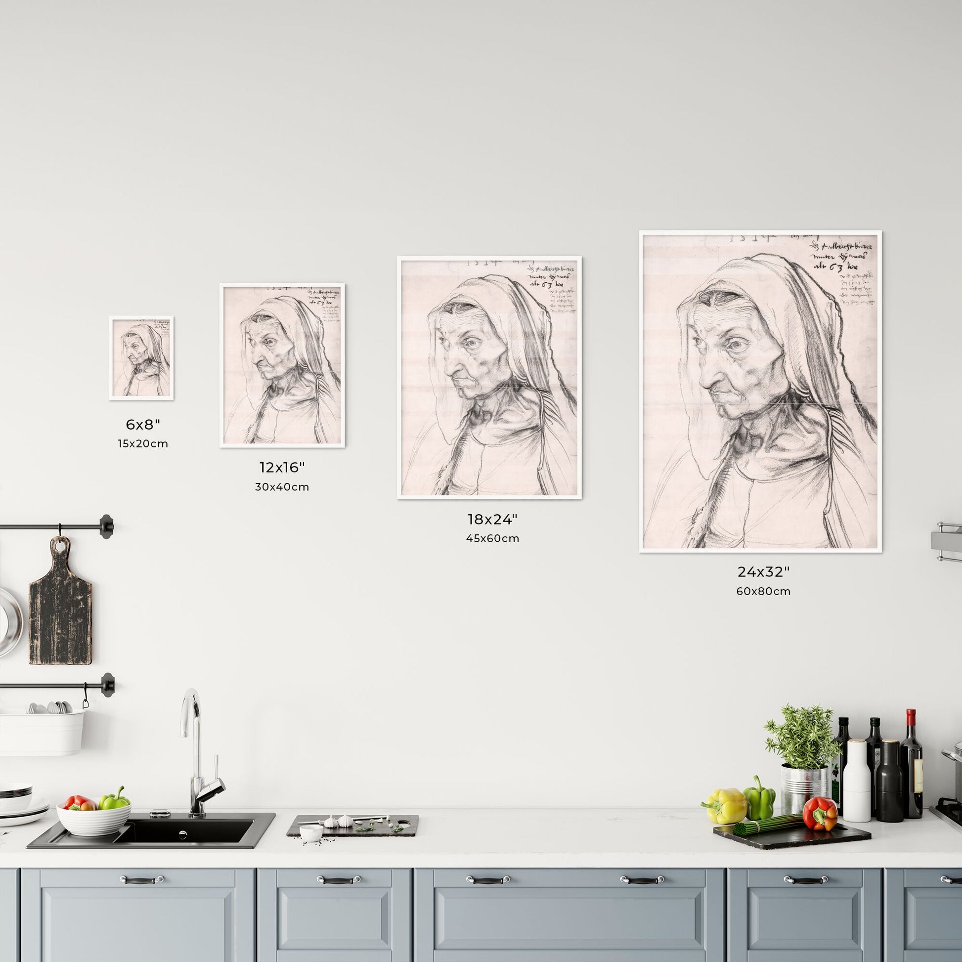 Portrait of an Old Woman in a Veil by Albrecht Dürer Size Chart