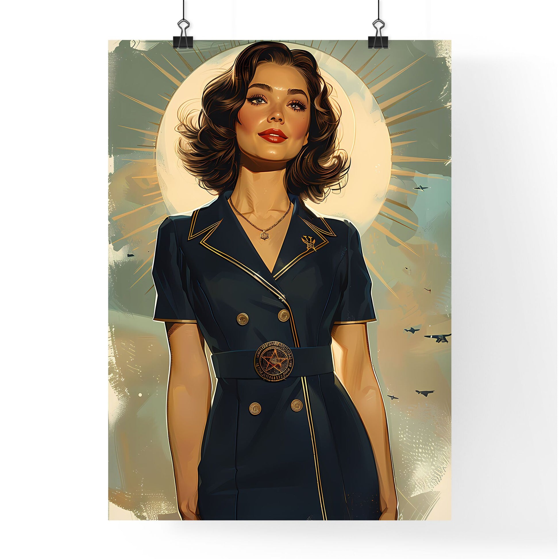 Art Deco Recruiting Propaganda: Golden Hour Pin-Up with Chestnut Bob in Blue Dress Default Title