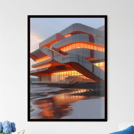 Futuristic Architectural Masterpiece: Abstract Painting Showcasing Geometric Facades and Water Reflections Framed Art