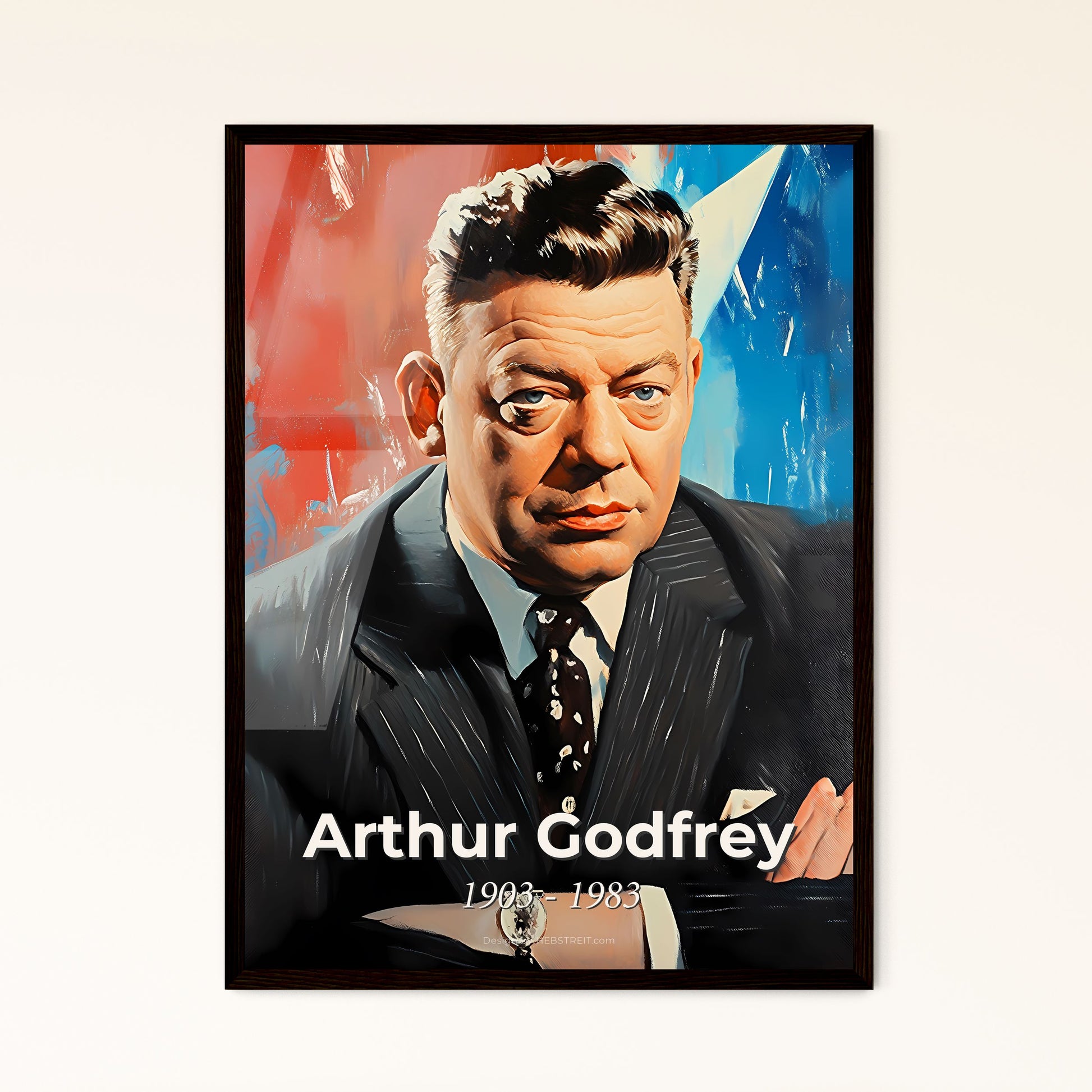 Portrait of Arthur Godfrey, 1903 - 1983. Impressionistic painting of a man in a suit.