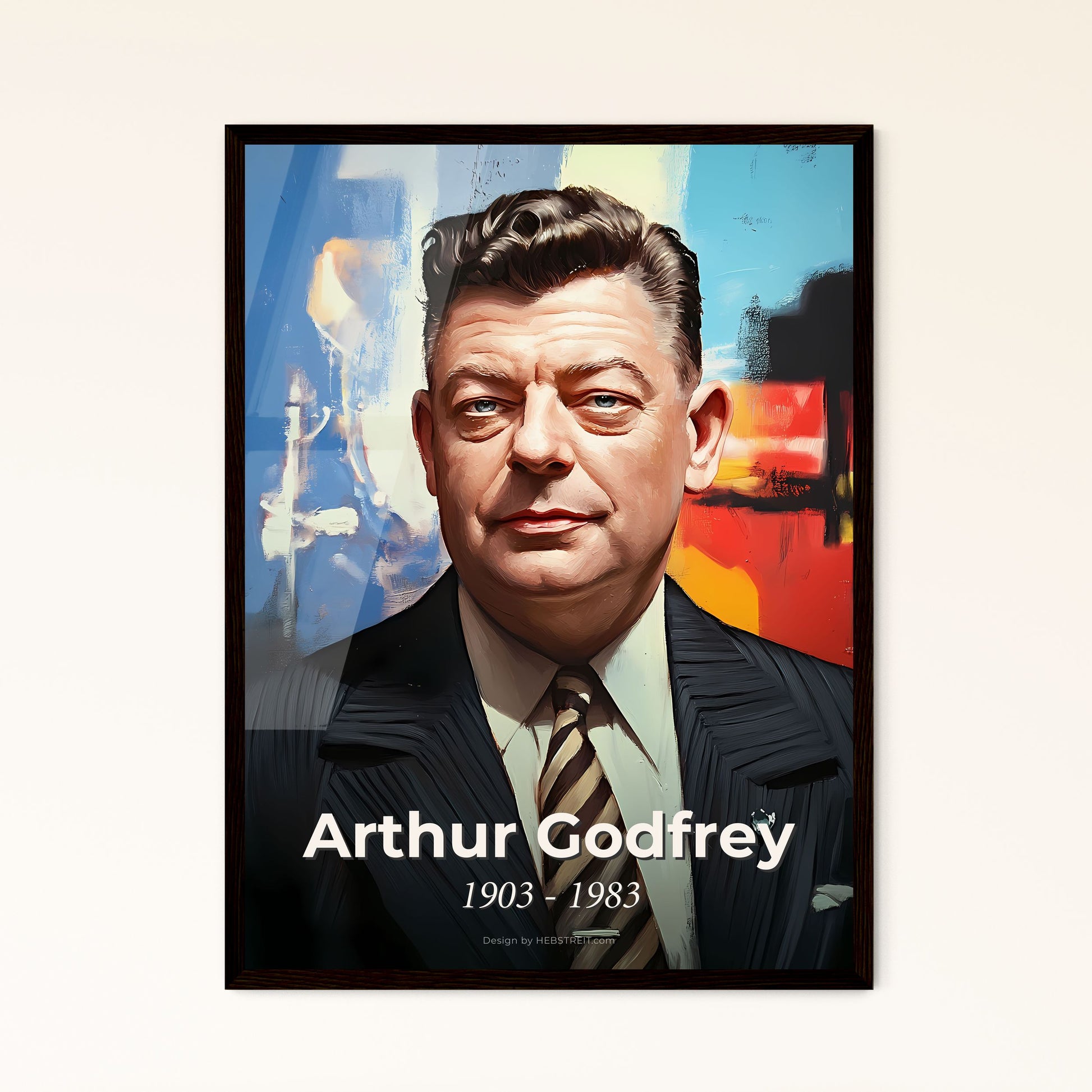 Portrait of Arthur Godfrey, 1903 - 1983. Impressionistic painting of a man in a suit.