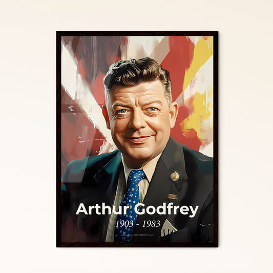 Portrait of Arthur Godfrey, 1903 - 1983. Impressionistic painting of a man in a suit and tie.