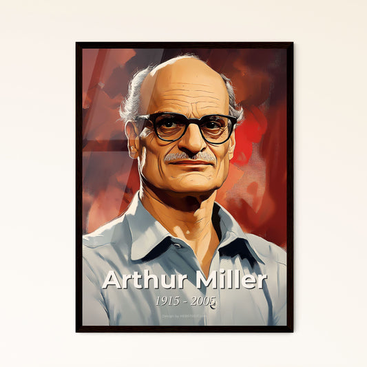 Portrait of Arthur Miller, 1915 - 2005. Impressionistic painting of a man wearing glasses and a blue shirt.