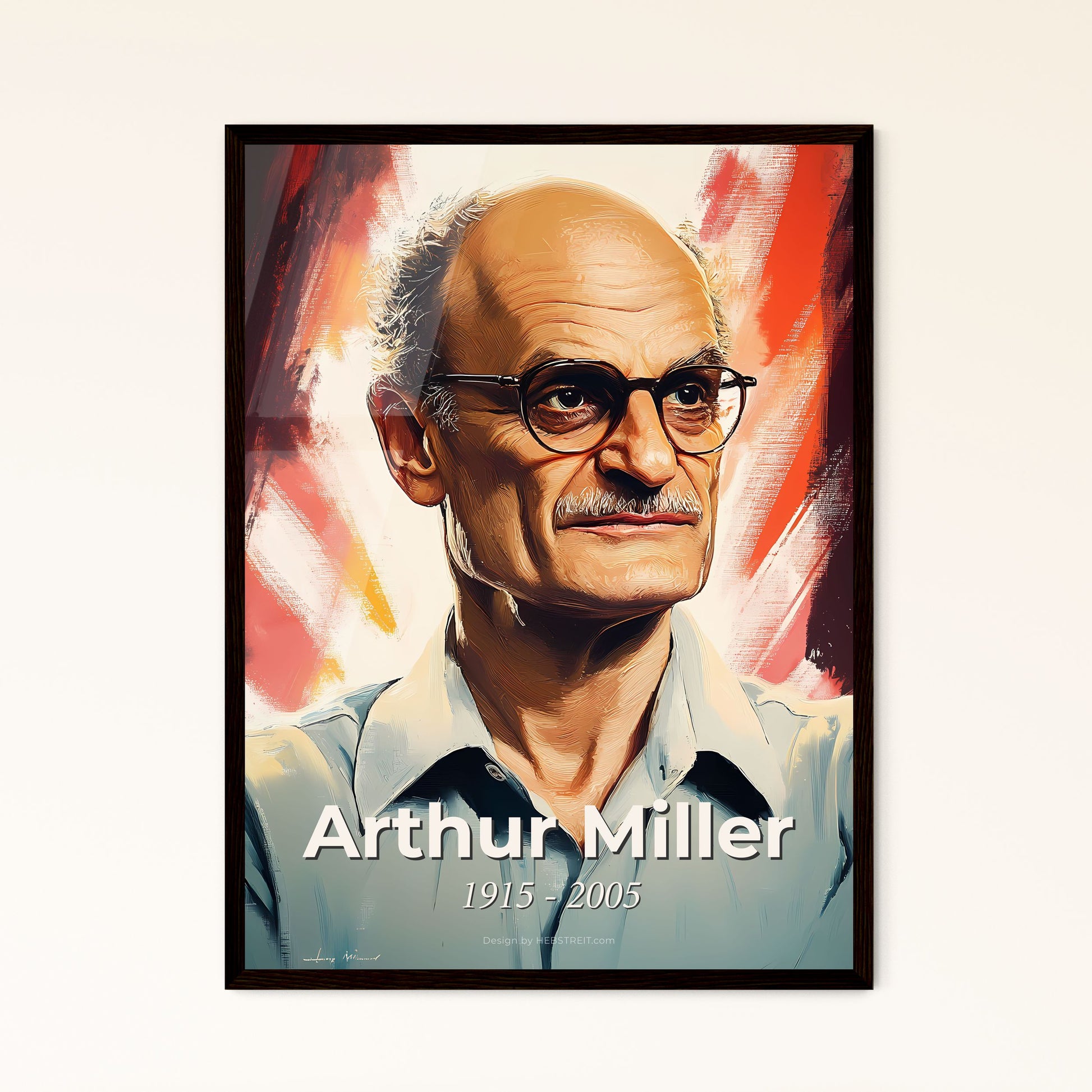 Portrait of Arthur Miller, 1915 - 2005. Impressionistic painting of a man with glasses and a mustache.