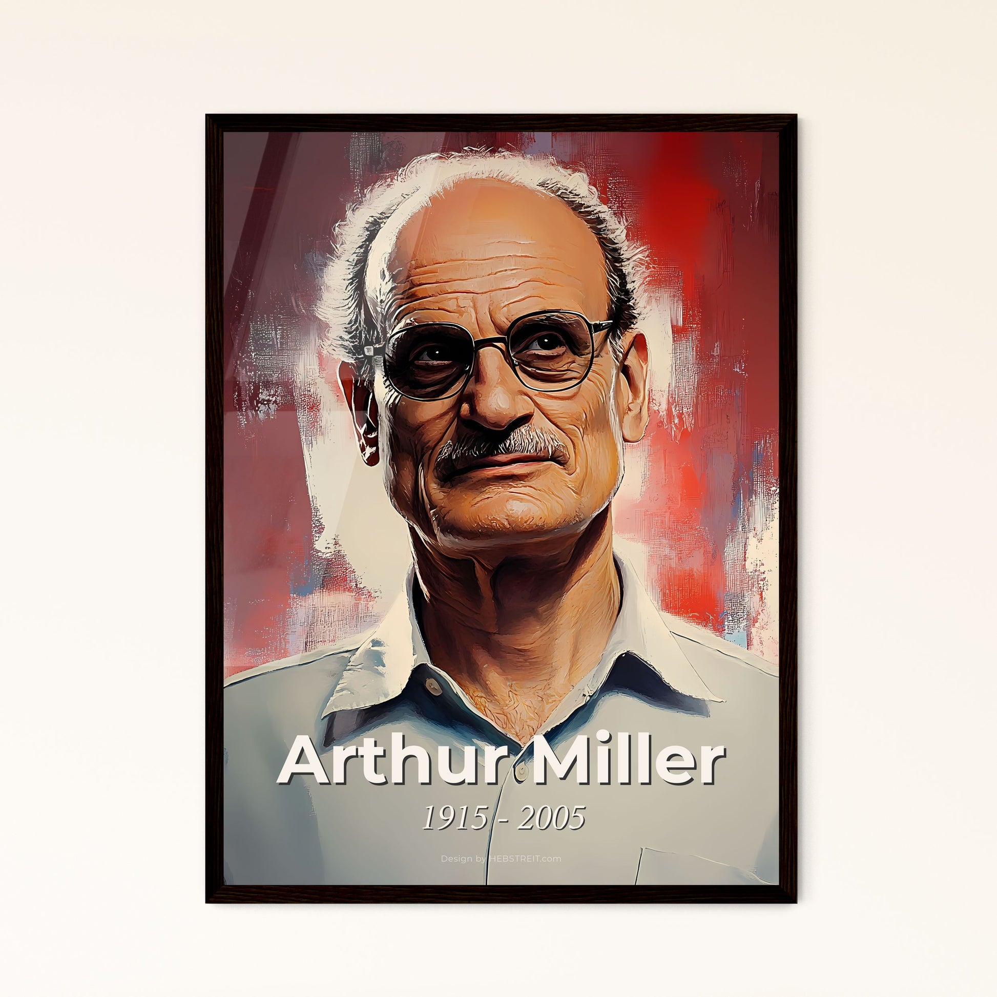 Portrait of Arthur Miller, 1915 - 2005. Impressionistic painting of a man with glasses and a mustache.