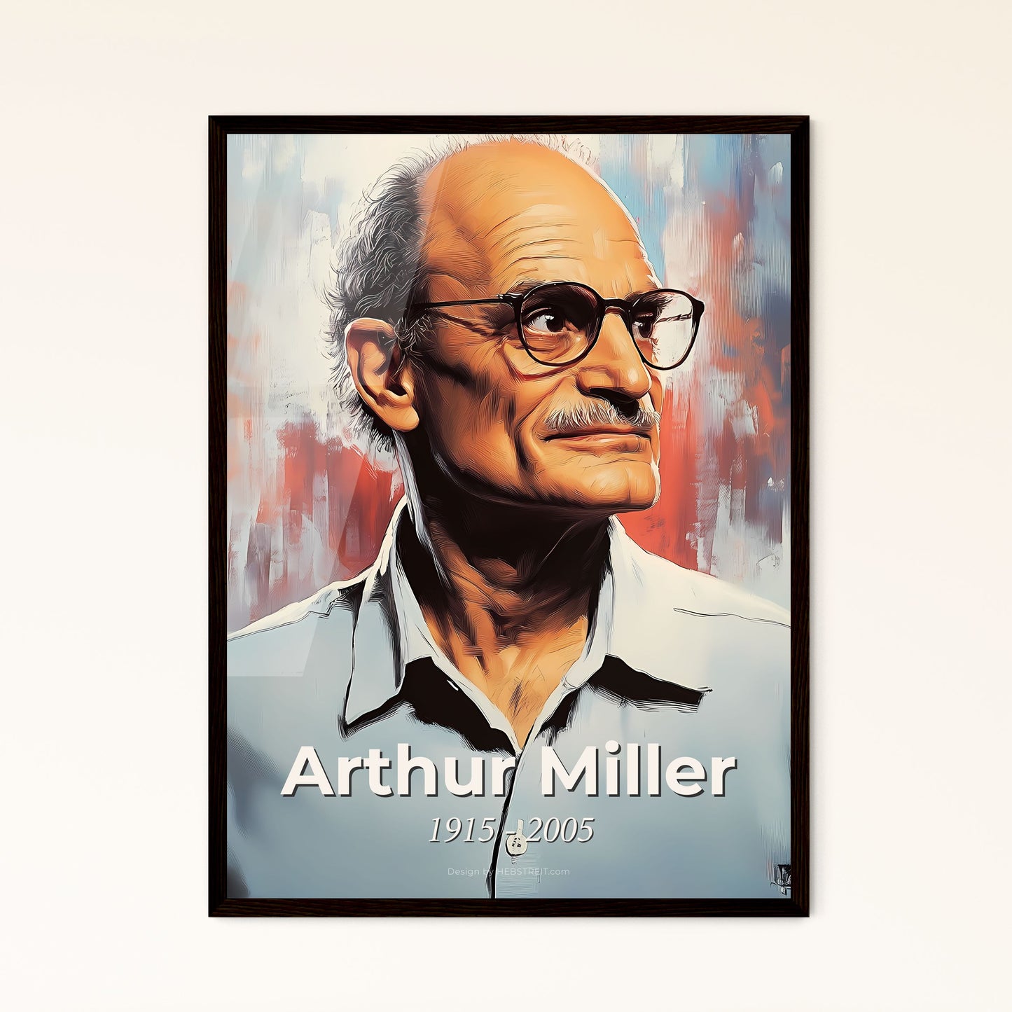 Portrait of Arthur Miller, 1915 - 2005. Impressionistic painting of a man wearing glasses and looking up.