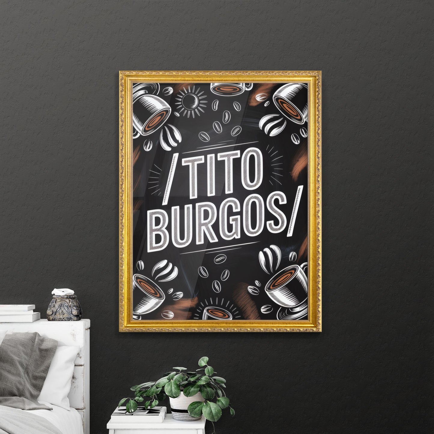 Artistic Coffee Shop Branding Featuring Stylish Cup Illustrations and Handwritten Typography for Tito Burgos.