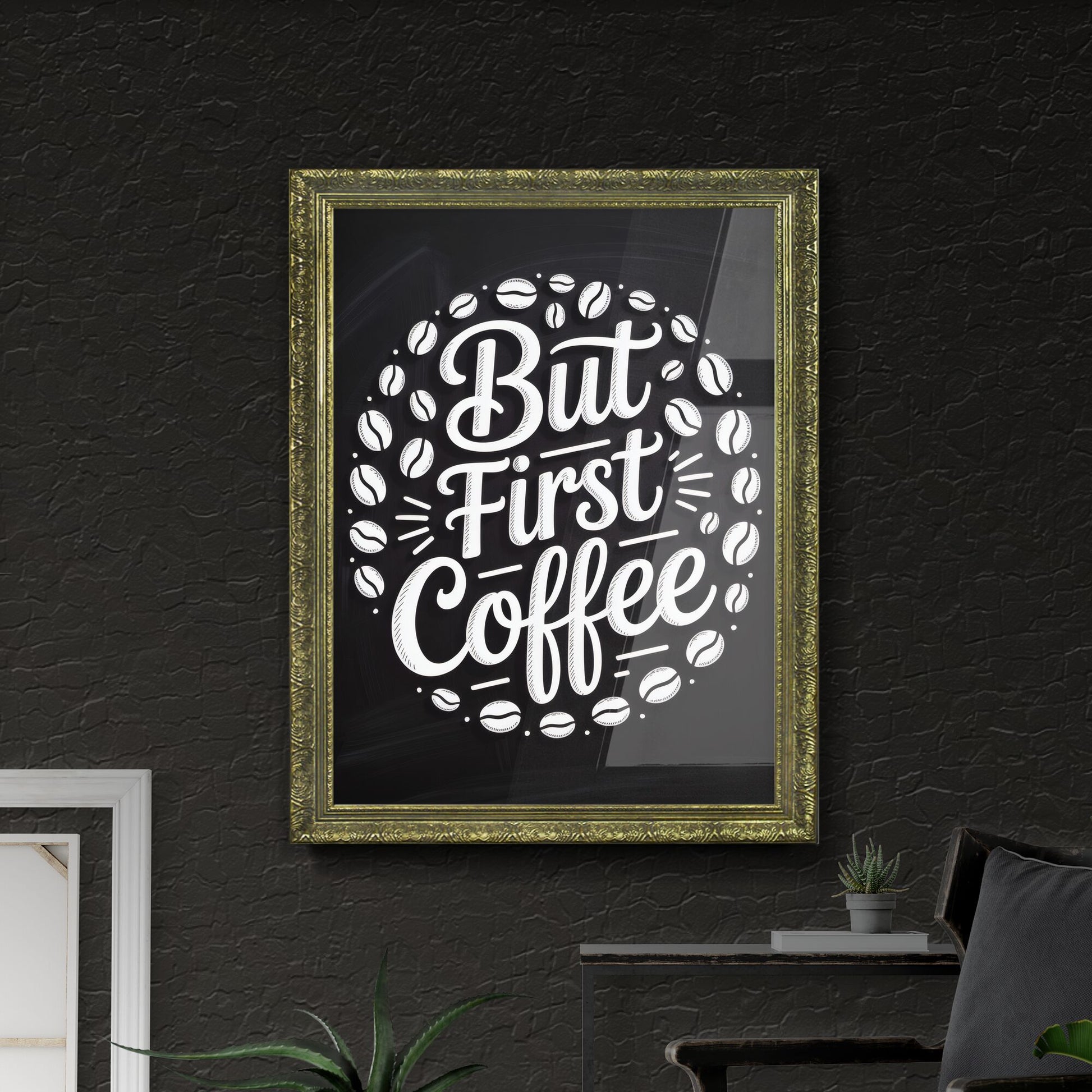 Artistic Coffee Quote on Chalkboard Background: 'But First Coffee' with Coffee Beans Design.