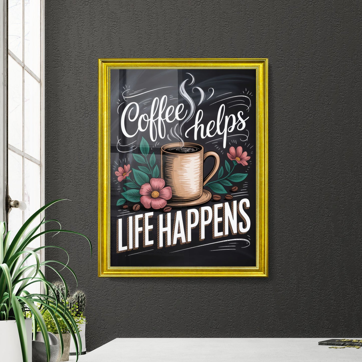Artistic Coffee Quote: 'Coffee Helps Life Happens' with Floral Accents and Steam on Dark Background.