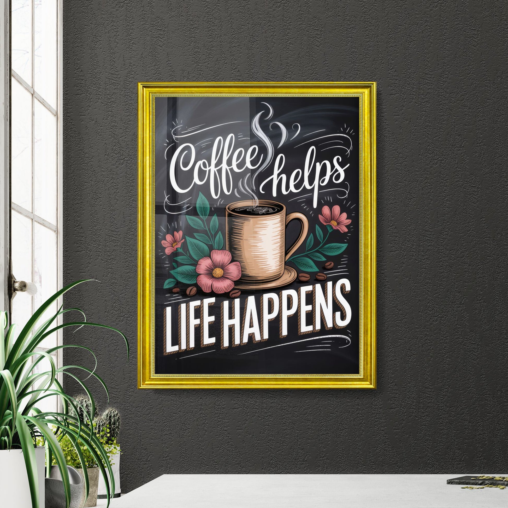 Artistic Coffee Quote: 'Coffee Helps Life Happens' with Floral Accents and Steam on Dark Background.