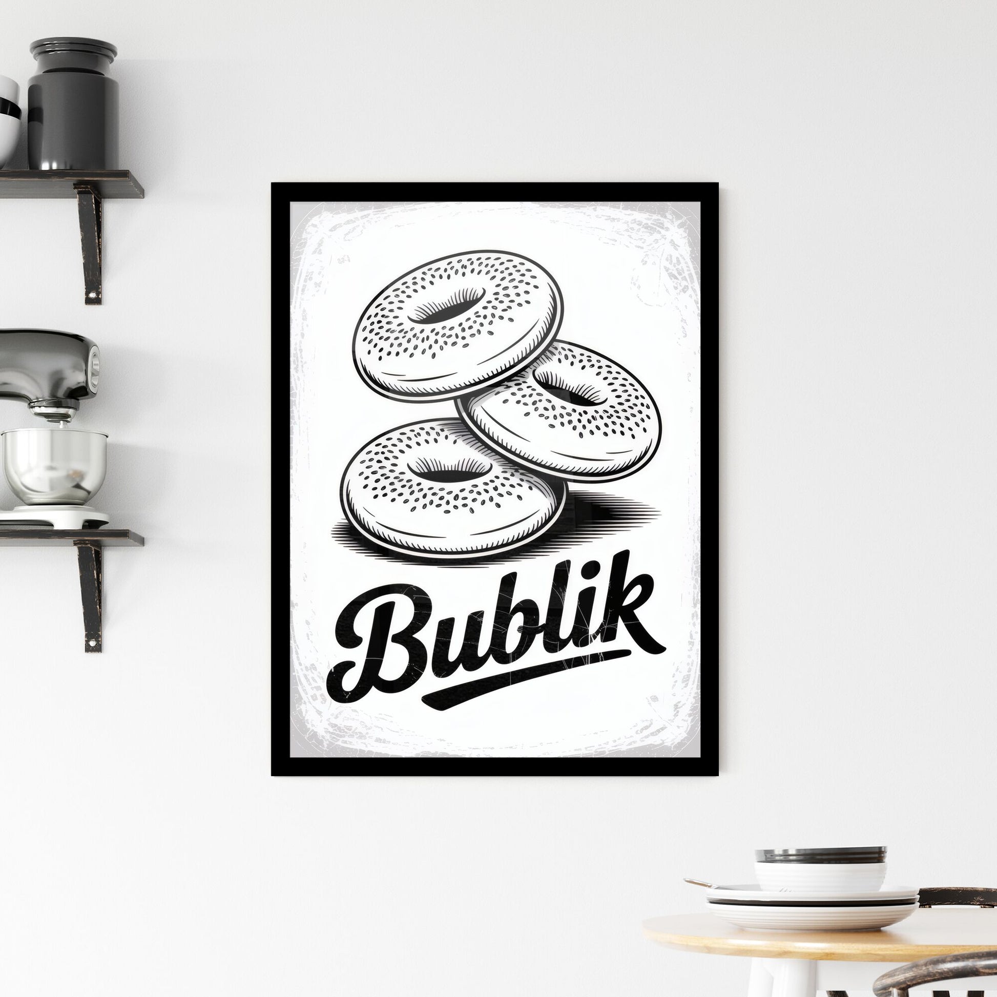 Artistic Illustration of Three Donuts with 'Bublik' Typography for Food and Bakery Themed Designs. Framed Print
