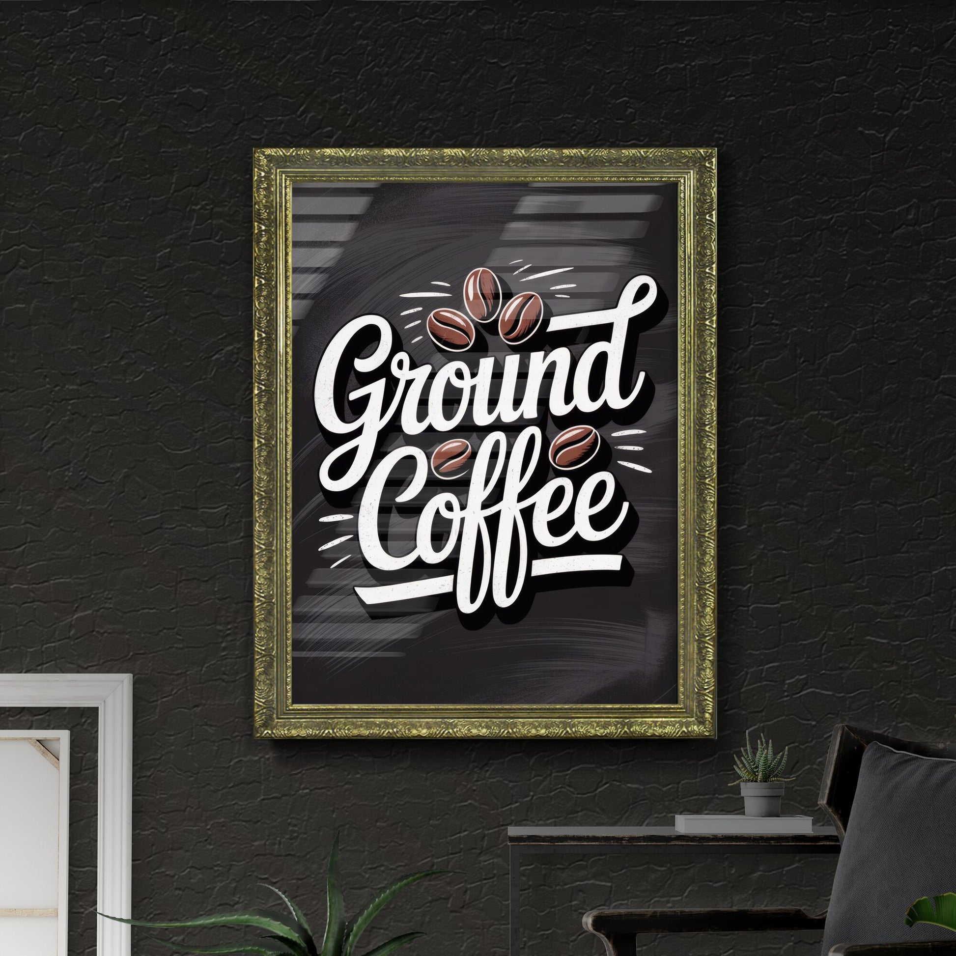 Artistic Typography Design of Ground Coffee with Coffee Beans on a Dark Background