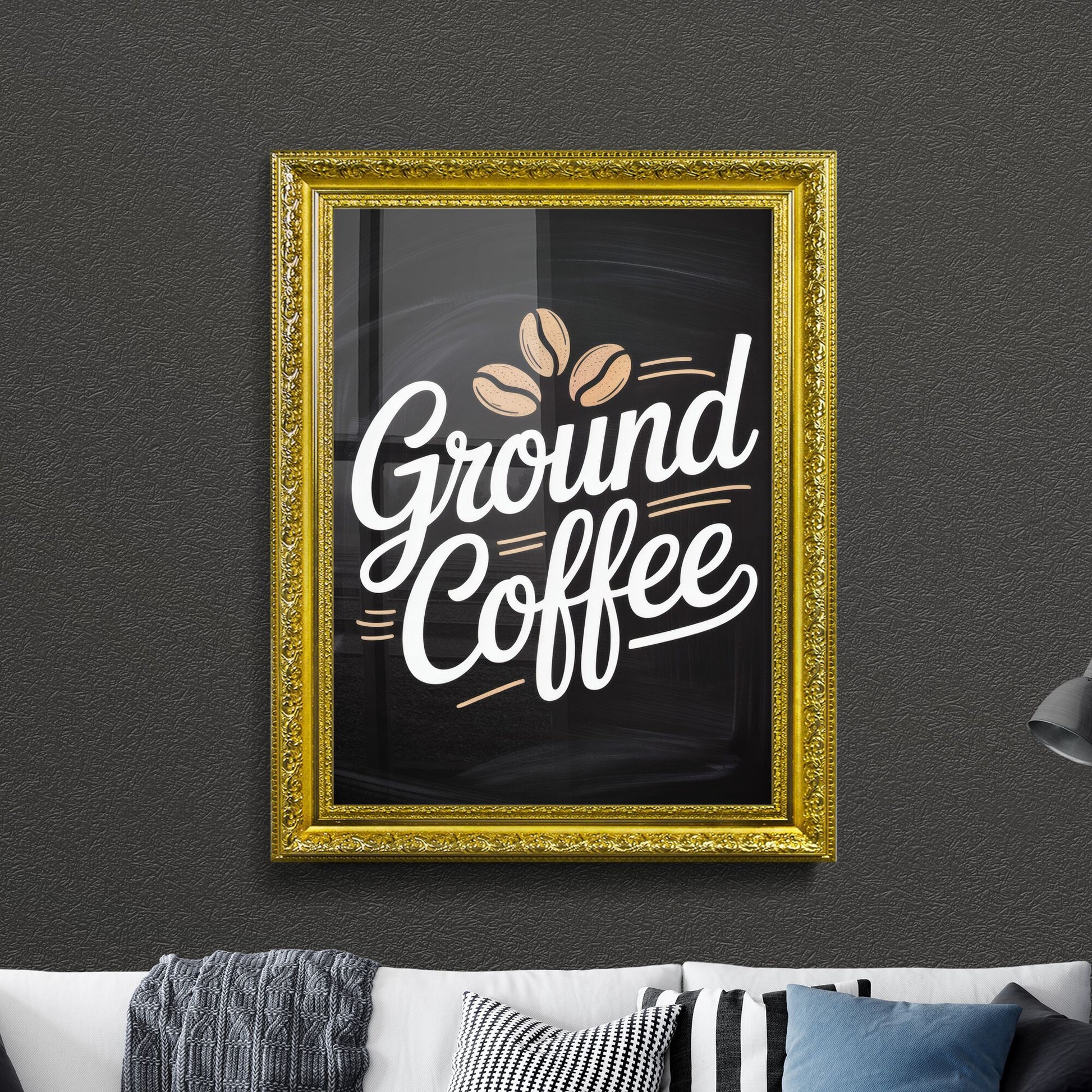 “Artistic Typography of Ground Coffee with Coffee Beans on a Chalkboard Background.”
