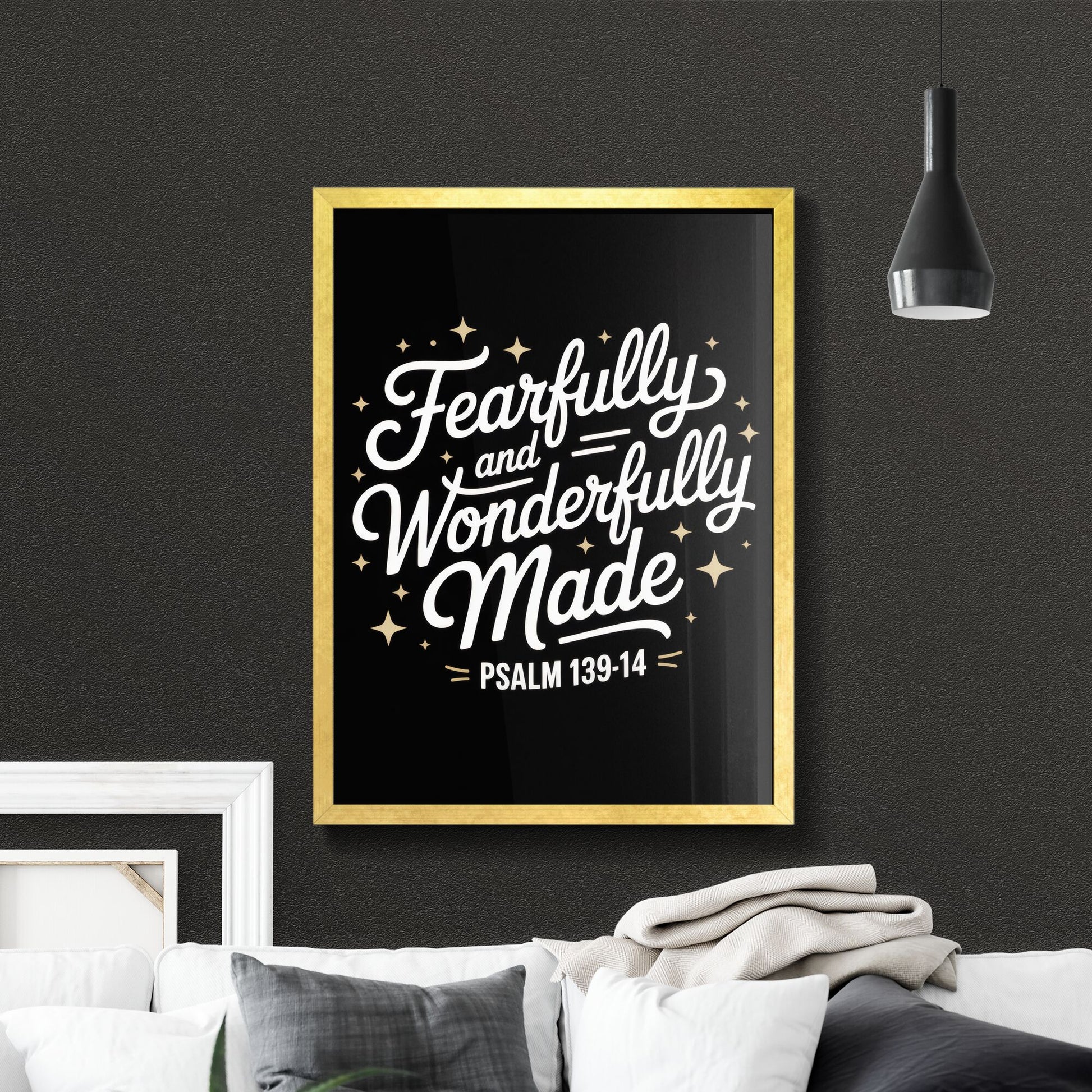 Artistic Typography of 'Fearfully and Wonderfully Made' with Inspirational Biblical Verse on Black Background.