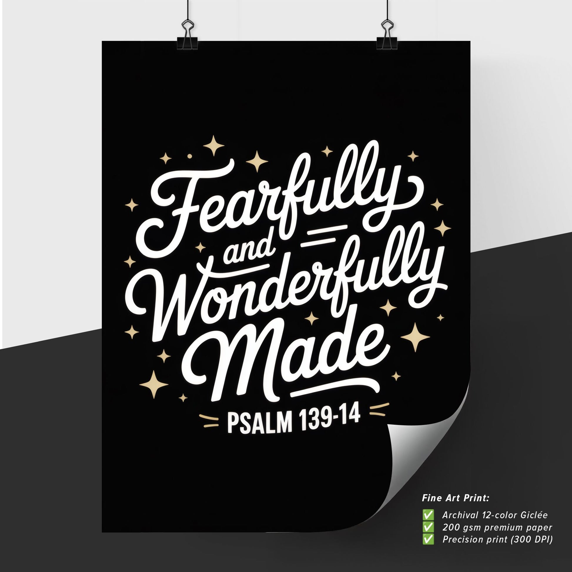 Artistic Typography of 'Fearfully and Wonderfully Made' with Inspirational Biblical Verse on Black Background.