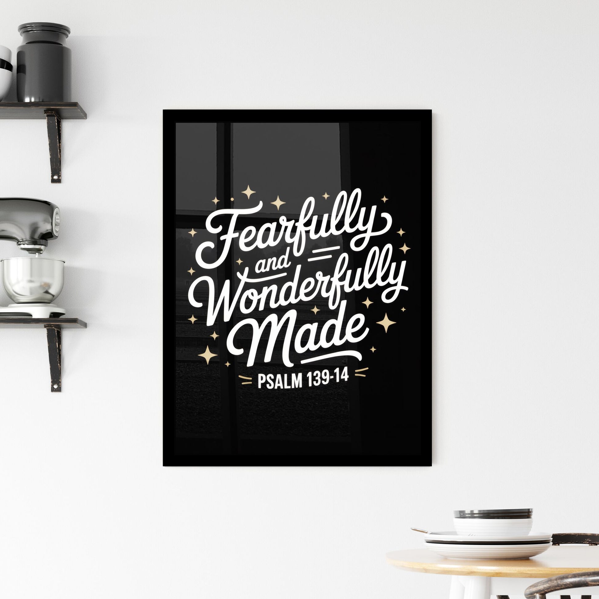Artistic Typography of 'Fearfully and Wonderfully Made' with Inspirational Biblical Verse on Black Background. Framed Print