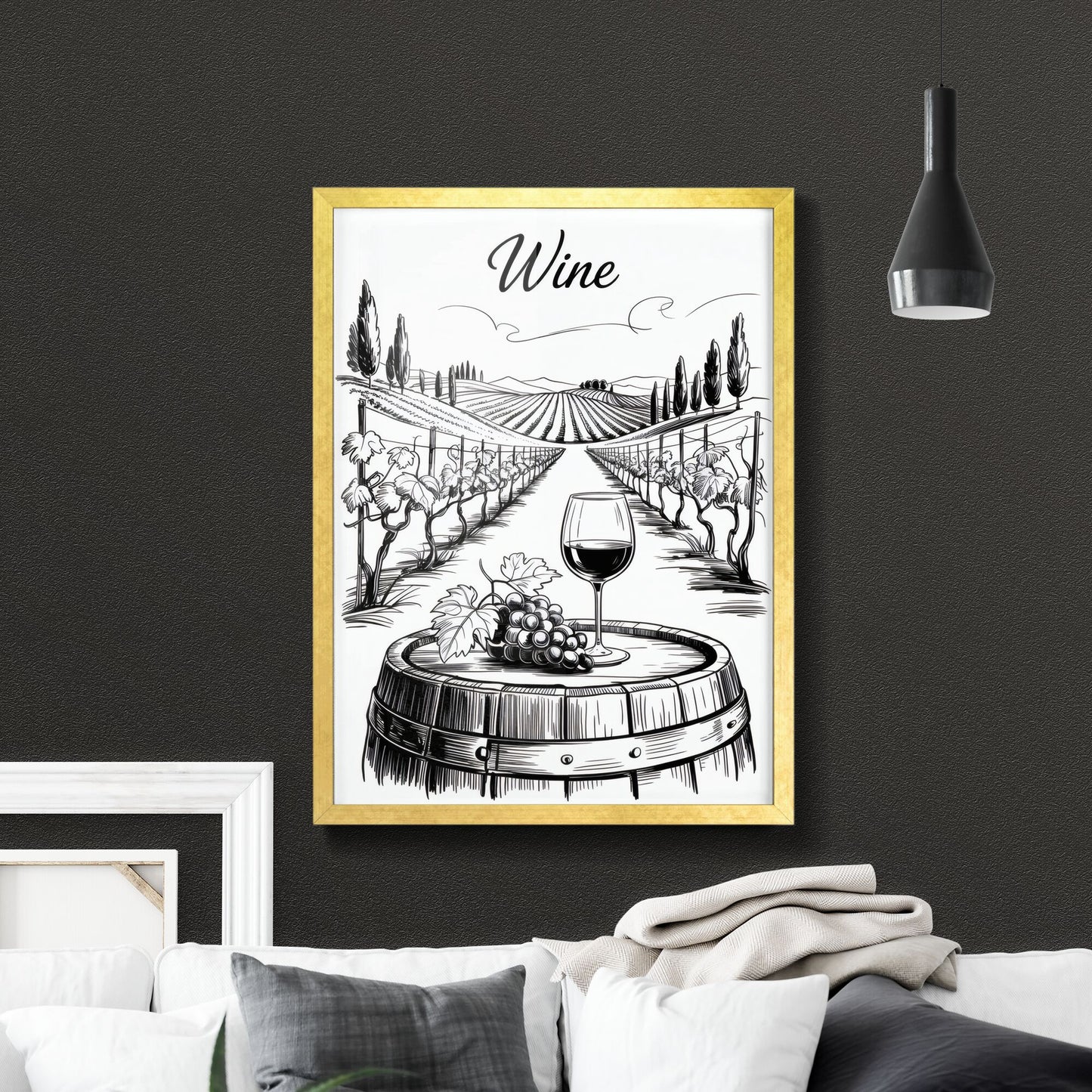 Artistic Illustration of Wine Glass and Grapes in a Beautiful Vineyard Landscape
