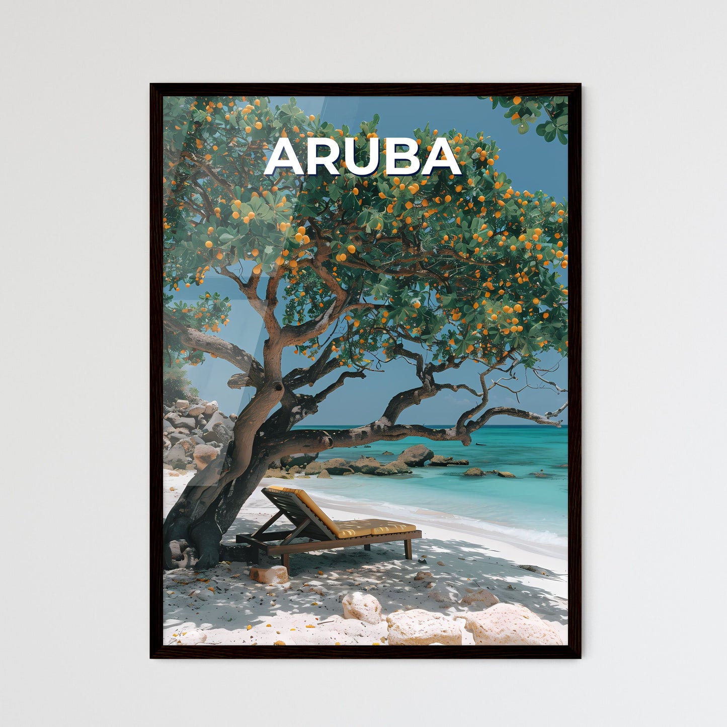 Vibrant Painting of Chair Under Tree on Scenic Beach in Aruba, North America: Art Focus