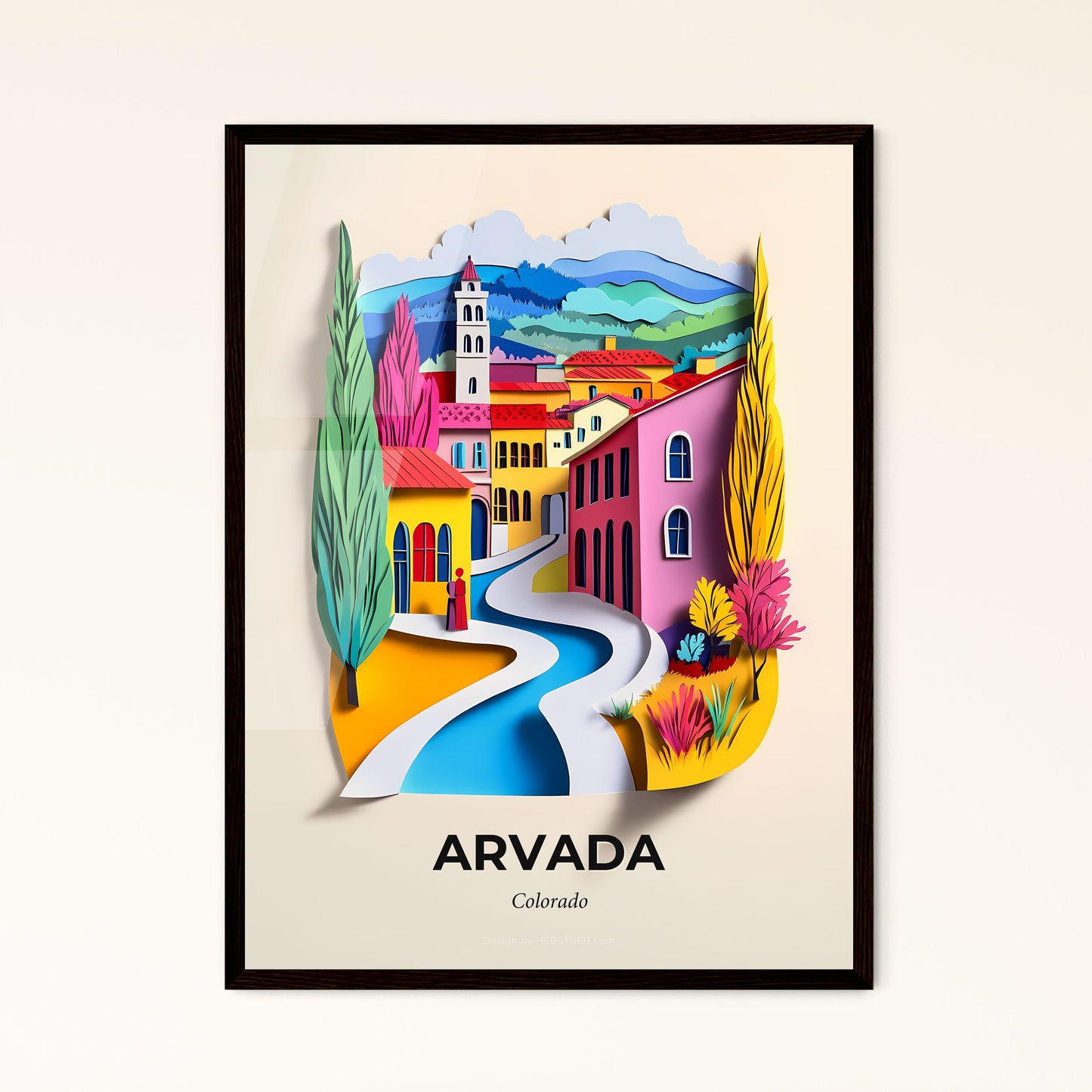 Vivid Arvada, Colorado - a paper cut of a town with a river