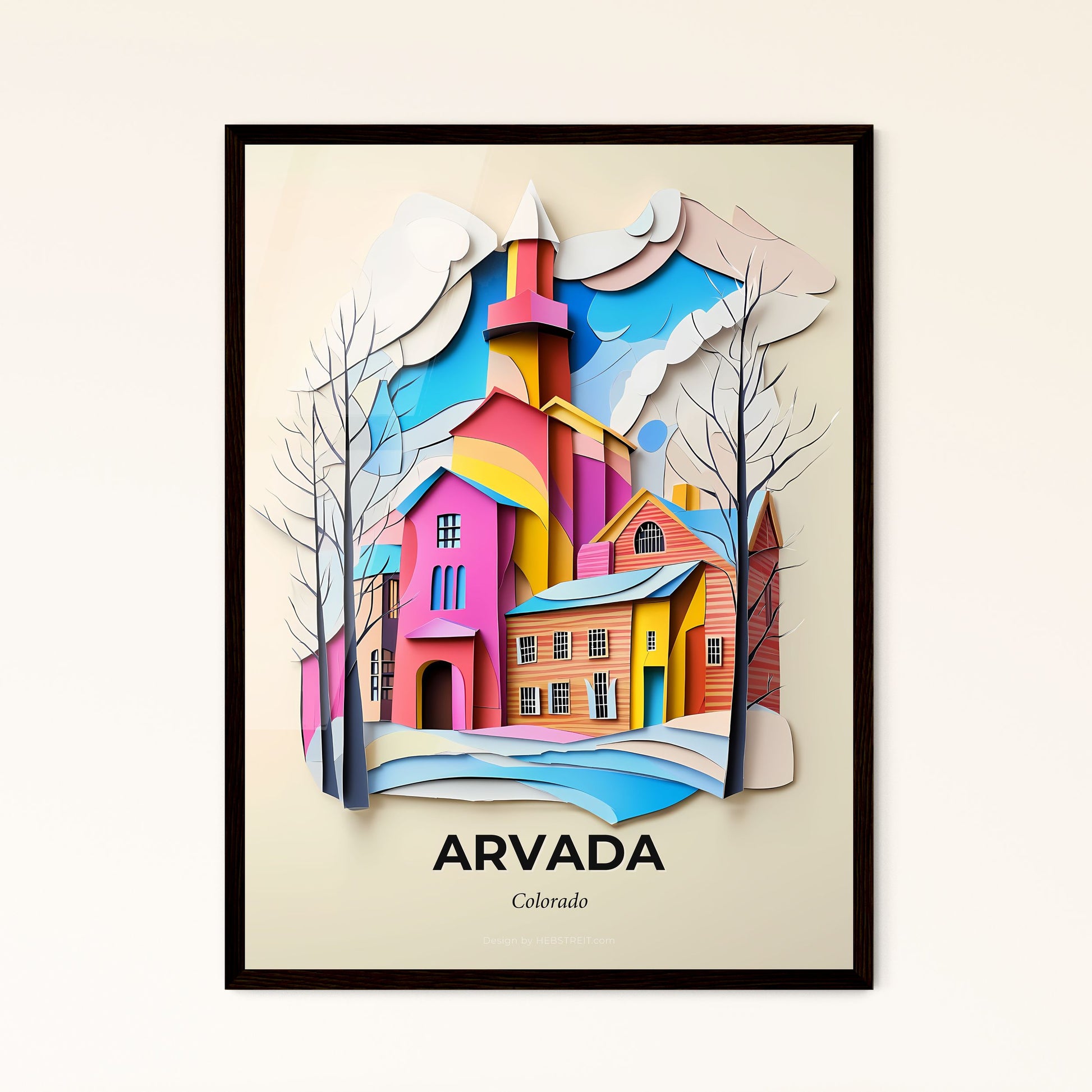 Vivid Arvada, Colorado - a paper cut of a church and a tree