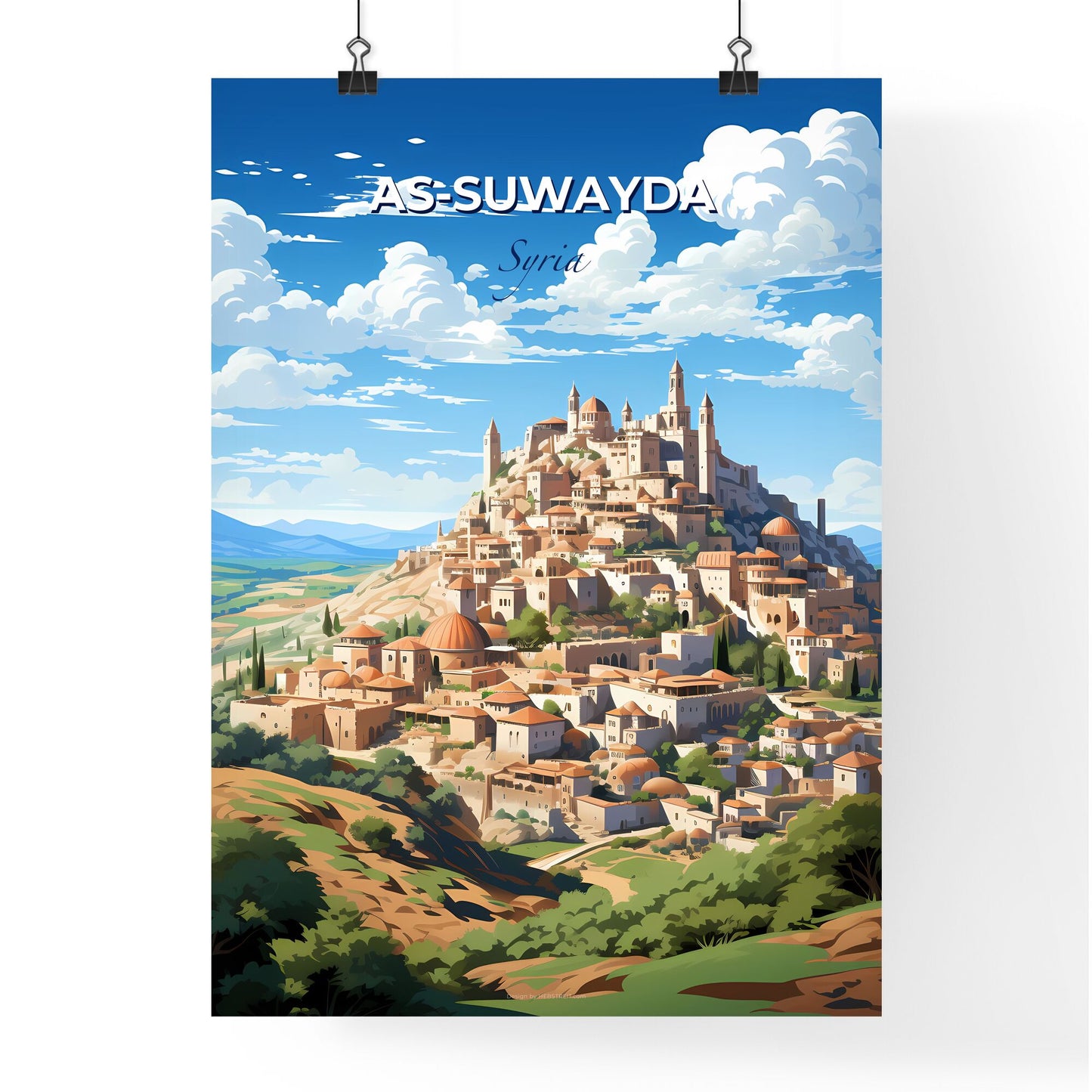 As-Suwayda Skyline Painting, Vibrant Syrian City on a Hill, Artistic Architecture Default Title