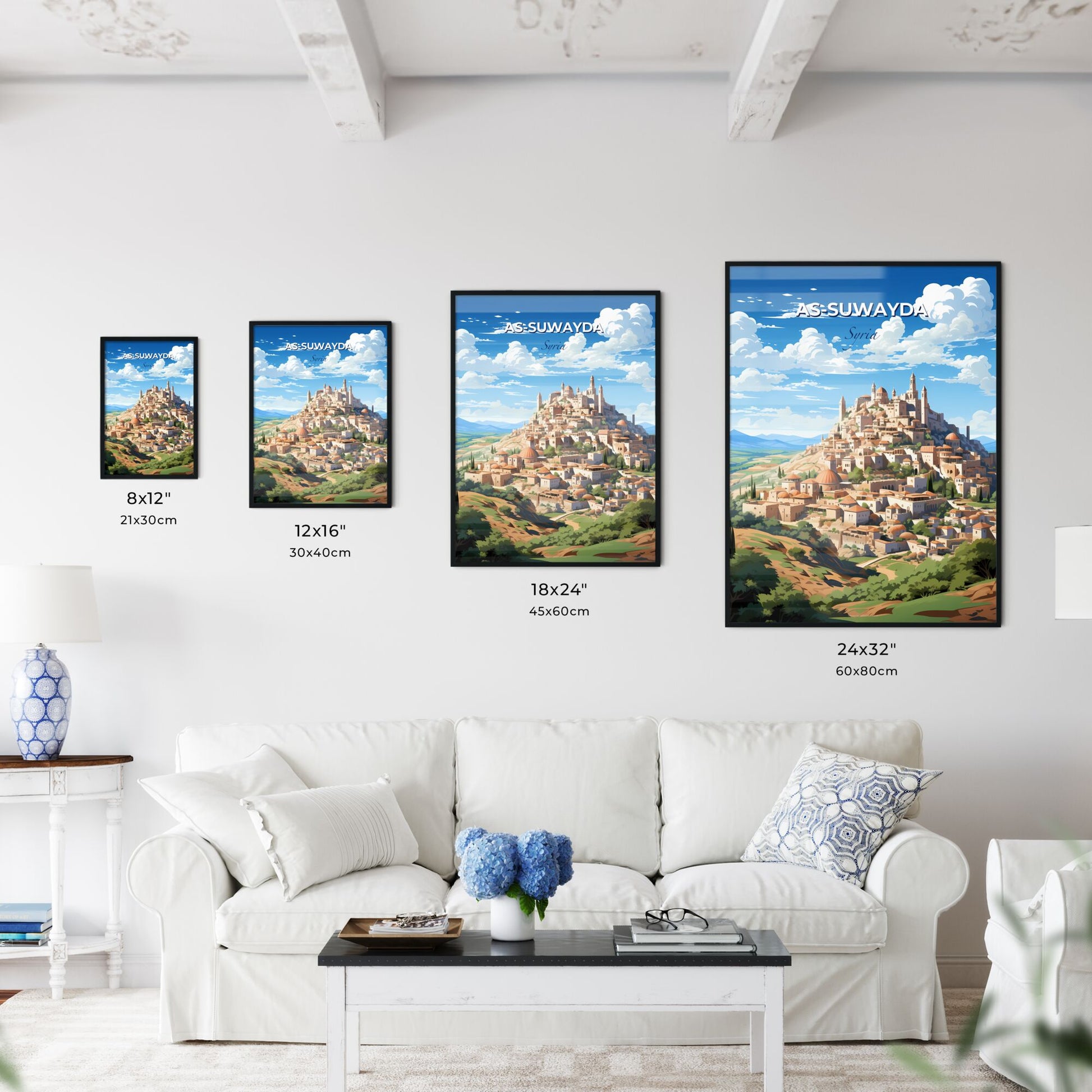 As-Suwayda Skyline Painting, Vibrant Syrian City on a Hill, Artistic Architecture Default Title