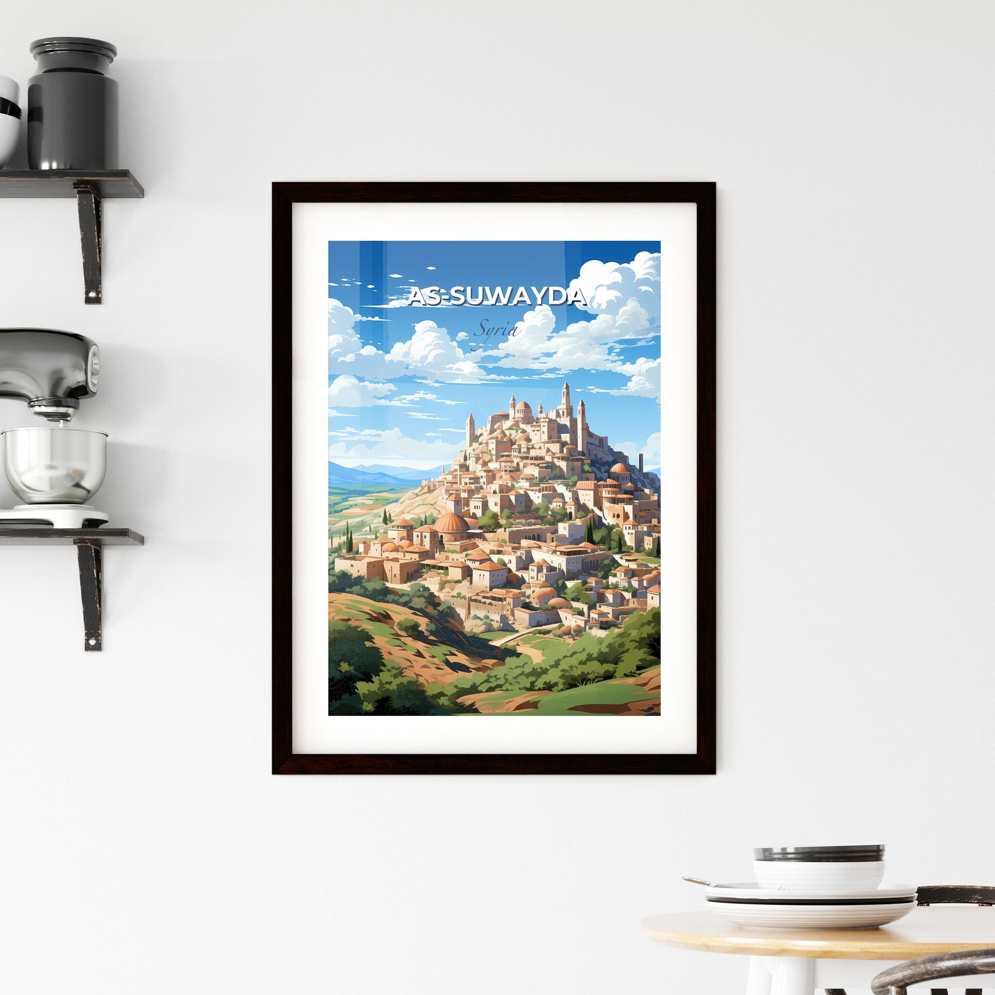 As-Suwayda Skyline Painting, Vibrant Syrian City on a Hill, Artistic Architecture Default Title