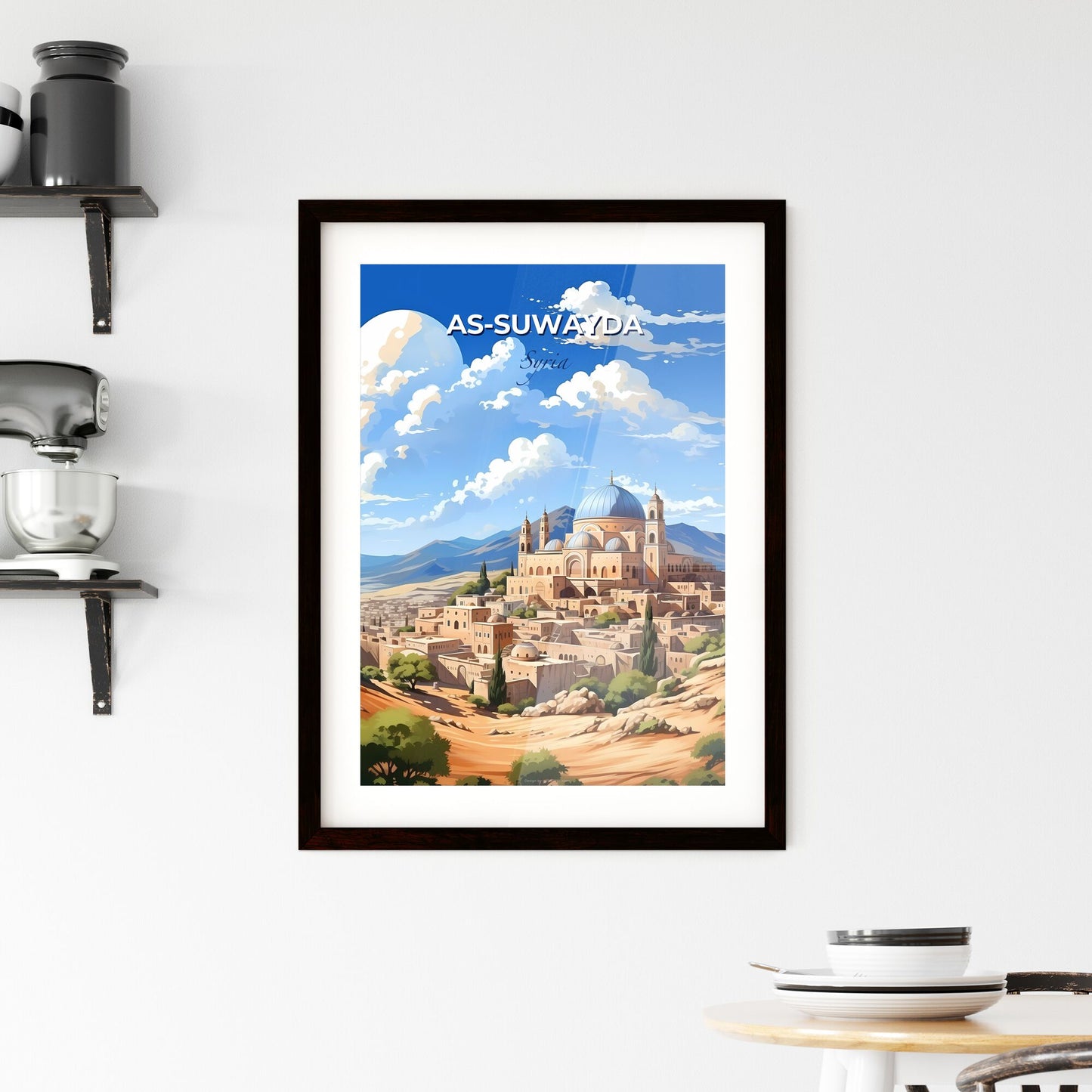 Vibrant Middle Eastern Cityscape Painting: Blue Dome and Desert Default Title