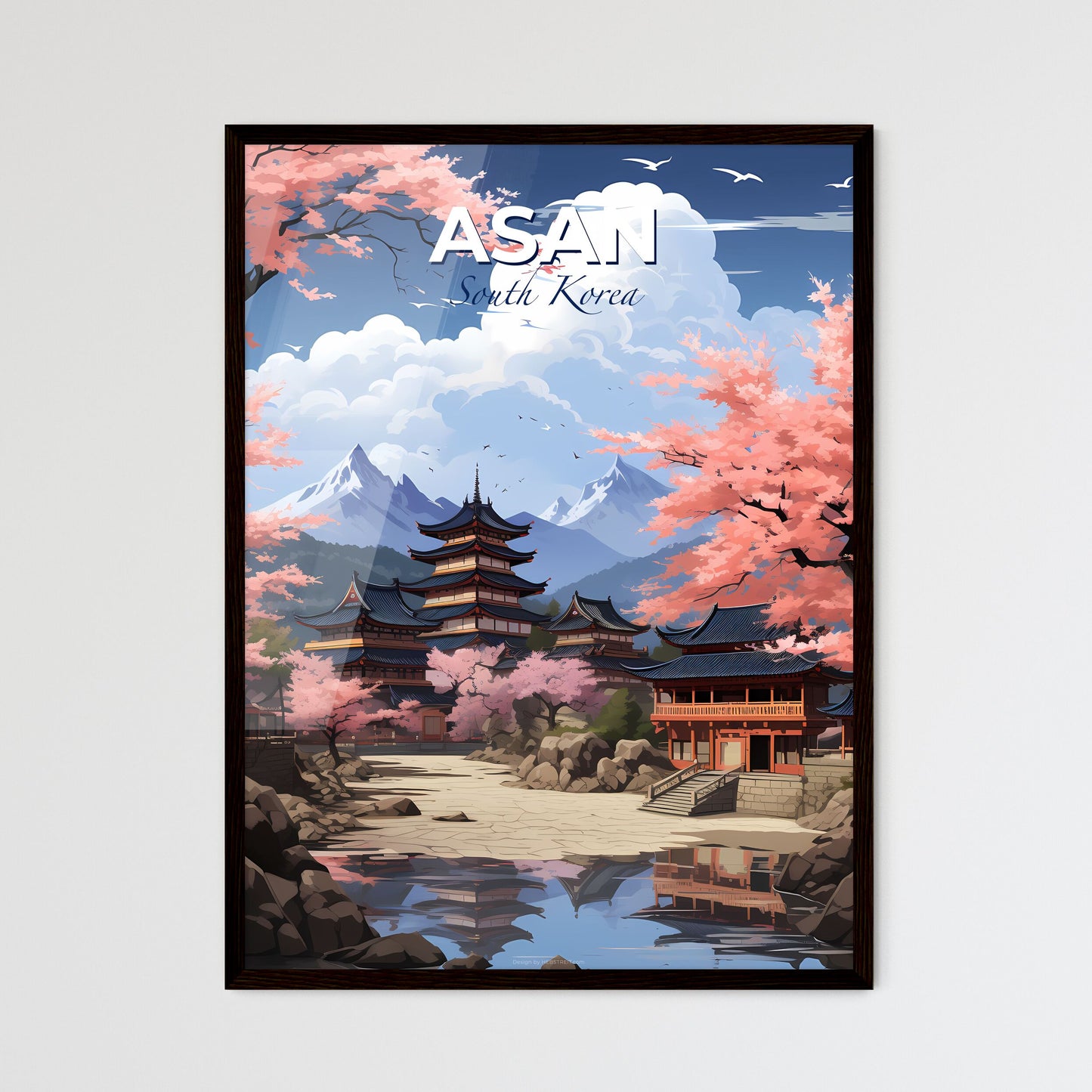 Vibrant Japanese Village Landscape Painting with Lake and Mountains - Asan South Korea Skyline Default Title