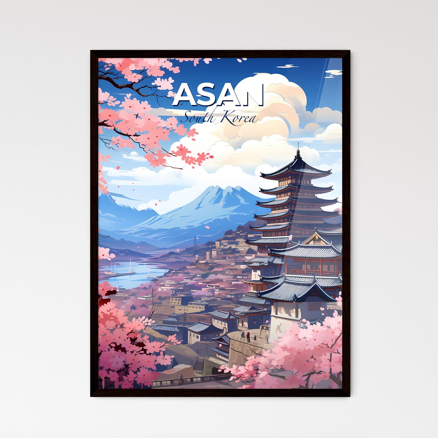 Vibrant Asan South Korea Skyline Painting Pagoda Cherry Blossoms Default Title