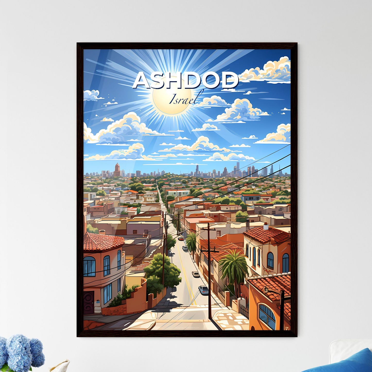 Artistic Cityscape Painting: Vibrant Ashdod Israel Skyline with Detailed Road and Vehicles Default Title