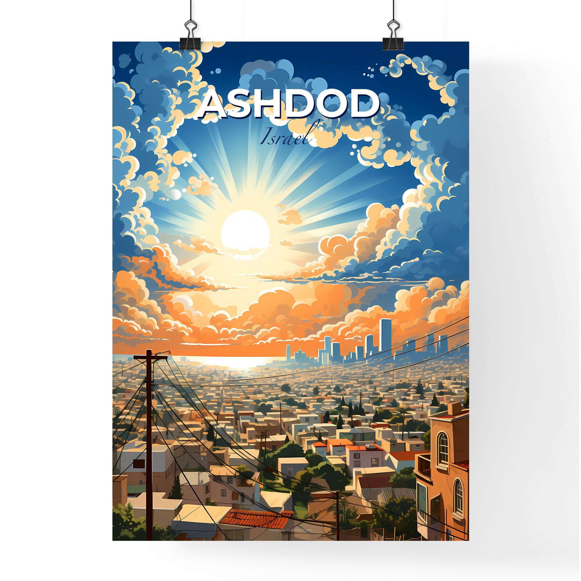 Vibrant Ashdod Israel City Skyline Painting with Clouds and Sun Art Default Title