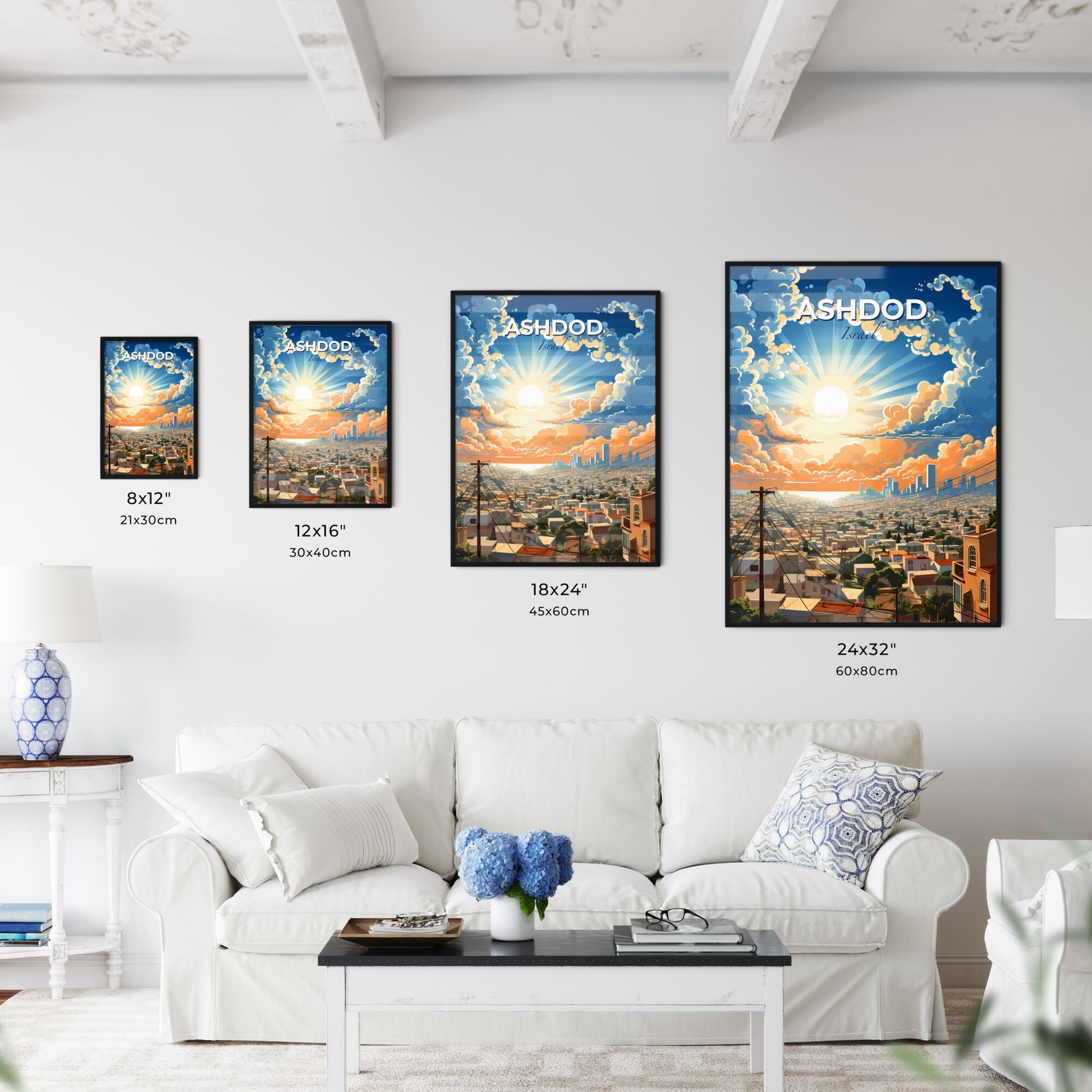 Vibrant Ashdod Israel City Skyline Painting with Clouds and Sun Art Default Title