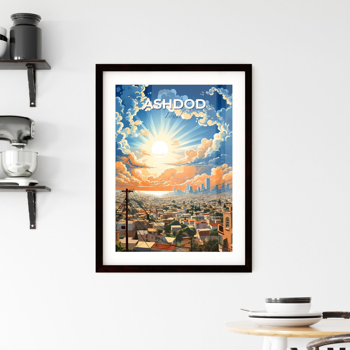 Vibrant Ashdod Israel City Skyline Painting with Clouds and Sun Art Default Title