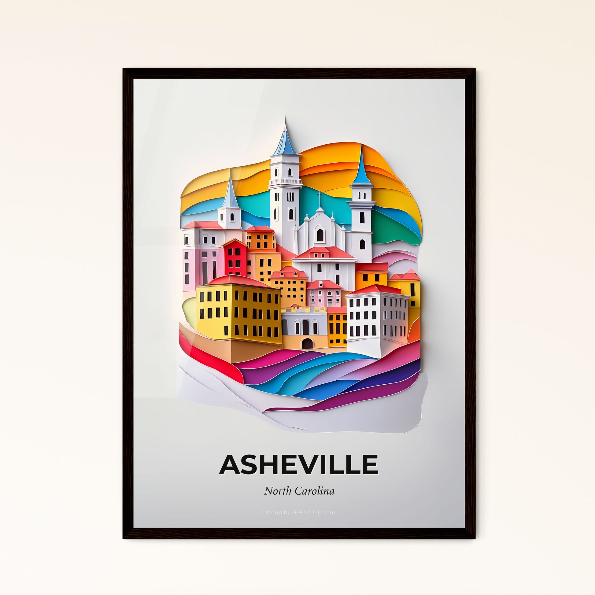 Vivid Asheville, North Carolina - a paper cut of a city with a rainbow sky