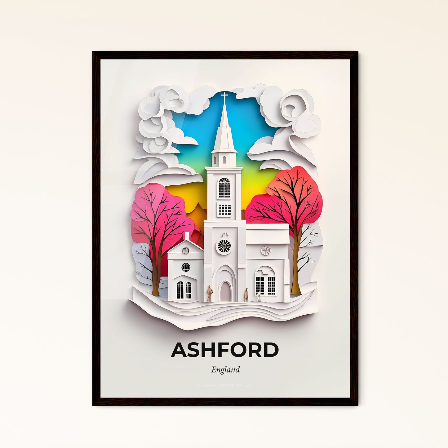 Vivid Ashford, England - a paper cut of a church with a clock tower