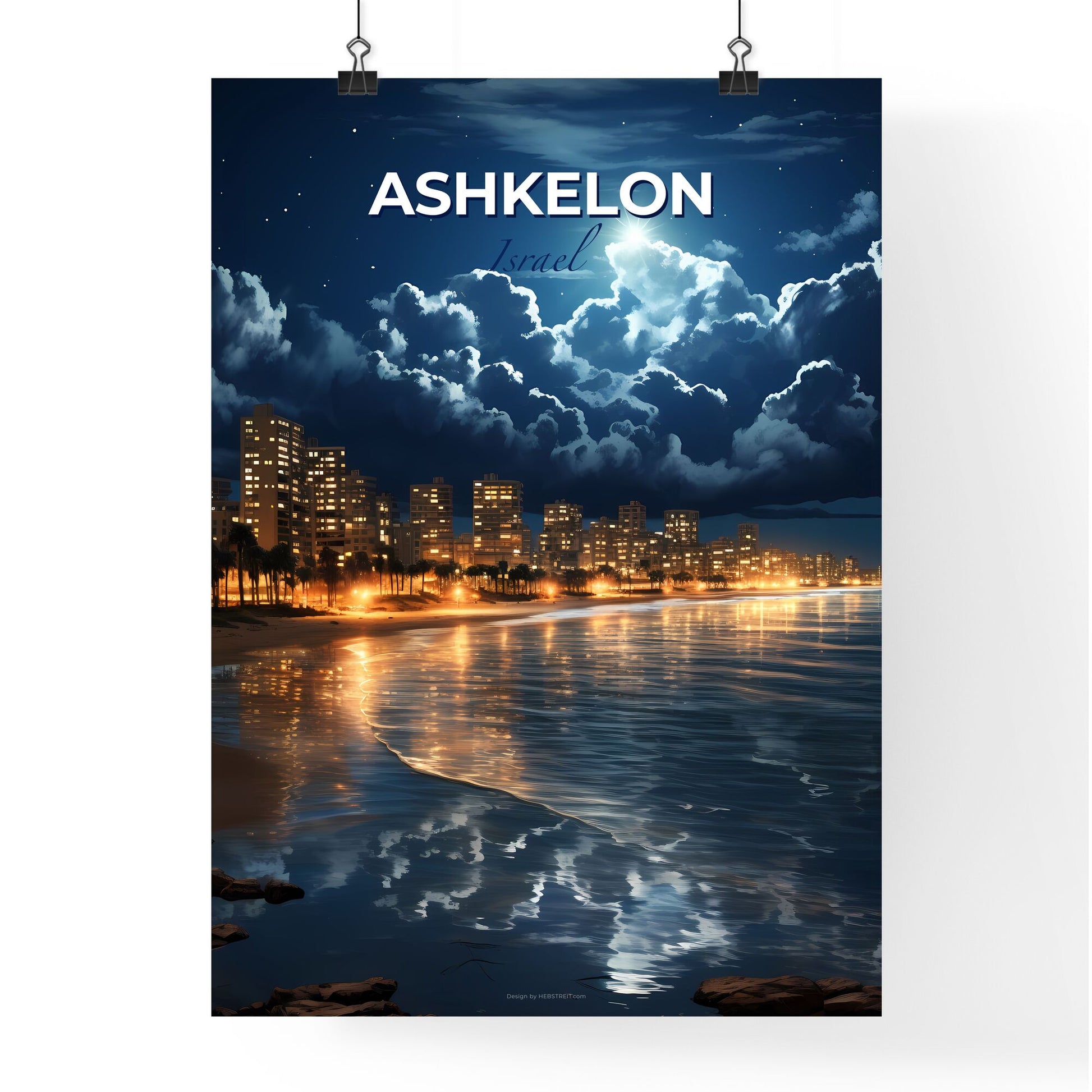 Ashkelon Israel Skyline, city at night, palm trees and beach - art painting Default Title