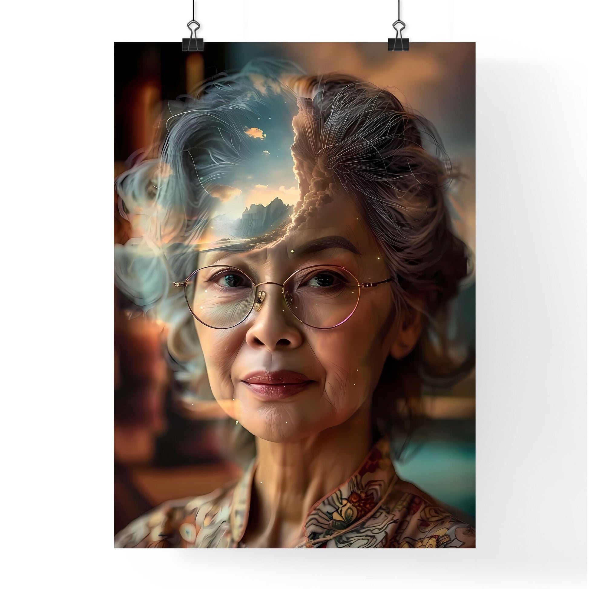 Elegant Senior Portrait: Asian Grandma with Glasses and Dreamy Double Exposure Effect Default Title