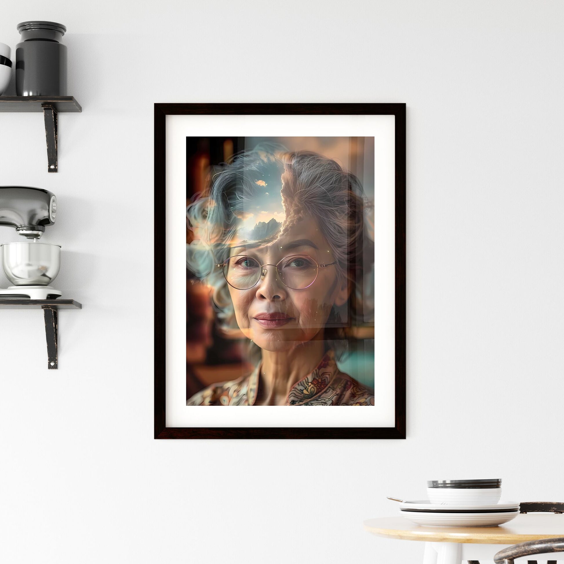 Elegant Senior Portrait: Asian Grandma with Glasses and Dreamy Double Exposure Effect Default Title