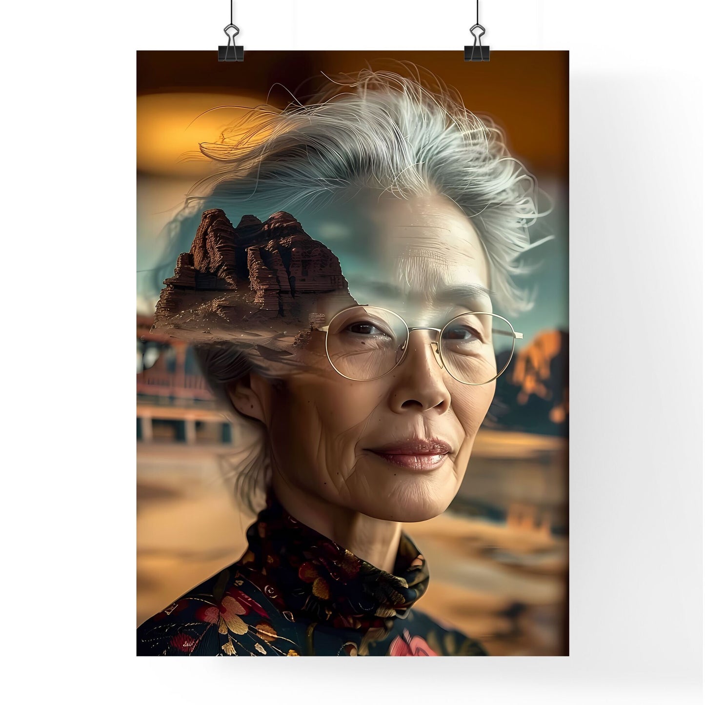 Elegant Asian Grandma Portrait with Glasses, Mountain Double Exposure, Vibrant Painting, Senior Woman, Happy Smile, Leisure Scenery Default Title