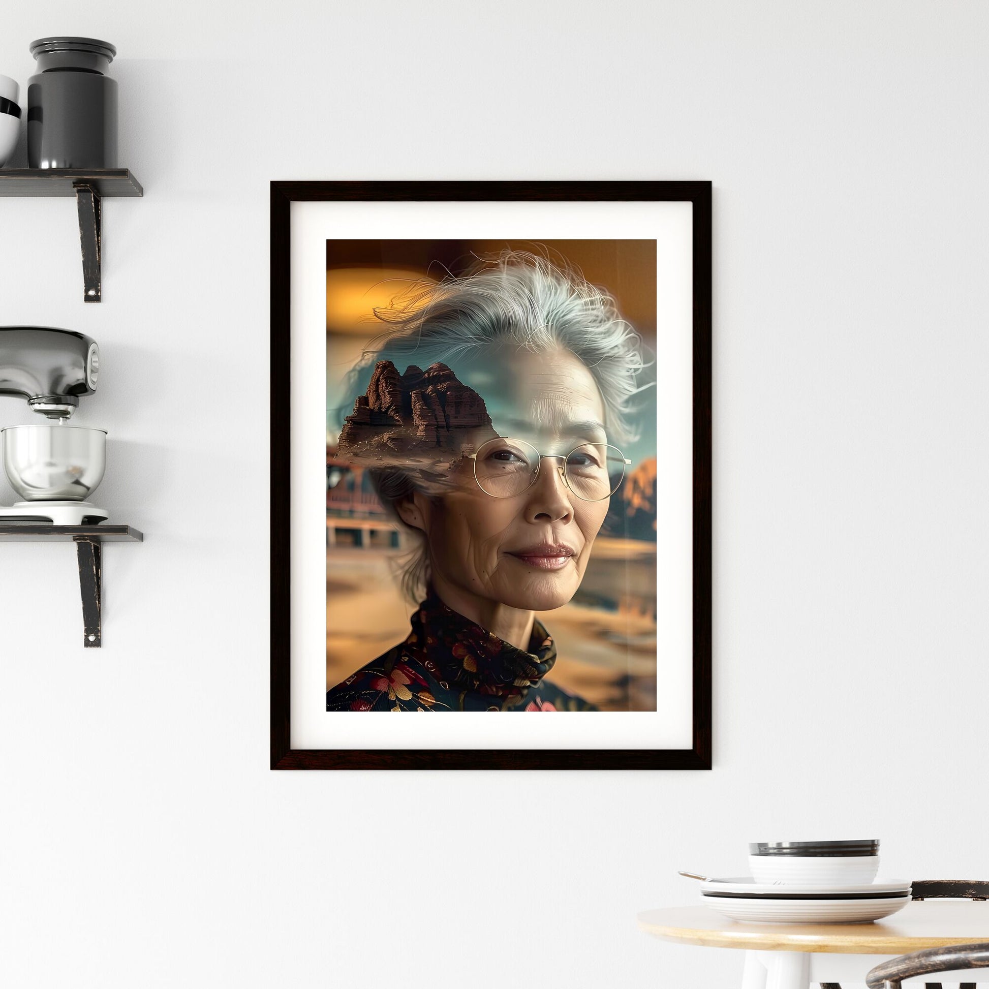 Elegant Asian Grandma Portrait with Glasses, Mountain Double Exposure, Vibrant Painting, Senior Woman, Happy Smile, Leisure Scenery Default Title