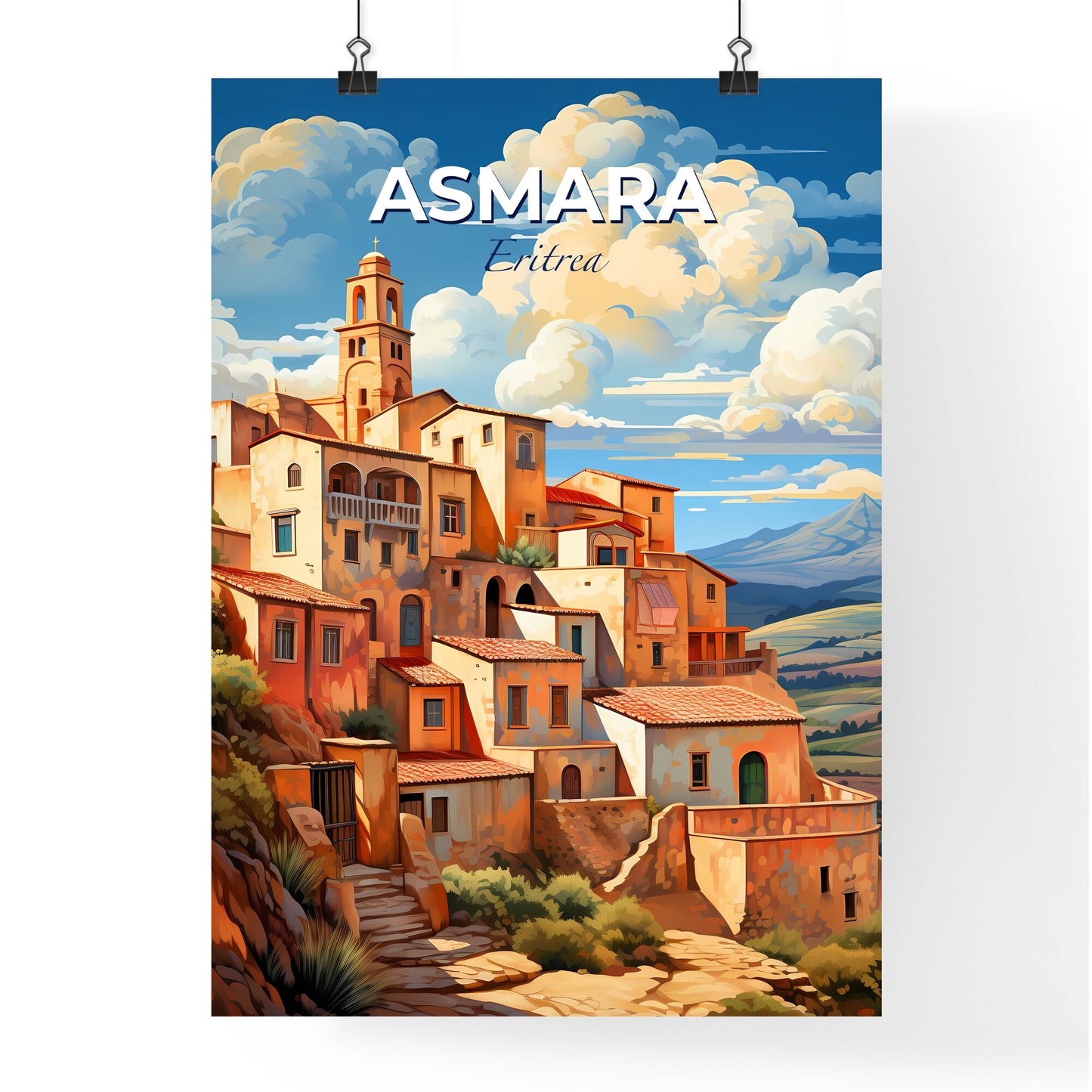 Asmara Eritrea Skyline Art Painting Village Hill Architecture Colorful Vibrant Default Title