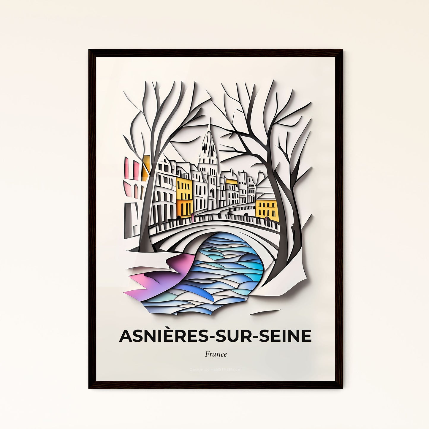 Vivid Asnières-sur-Seine, France - a paper cut of a city with a bridge